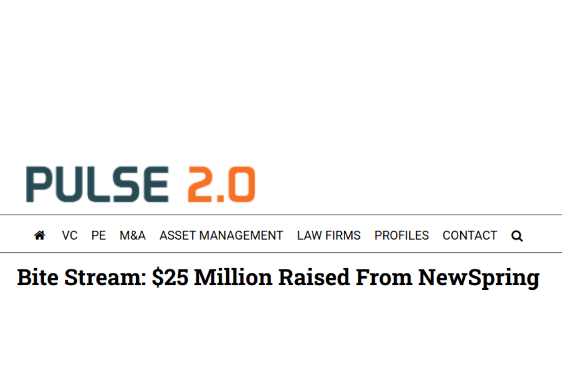 PULSE 2.0 logo with article headline "Bite Stream: $25 Million Raised From NewSpring"