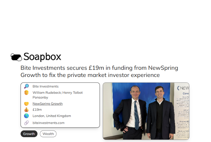 Soapbox logo. Heading "Bite Investments secures £19m in funding from NewSpring Growth to fix the private market investor experience". Photograph of Bite Investments' co-founders William Rudebeck and Henry Talbot Ponsonby.